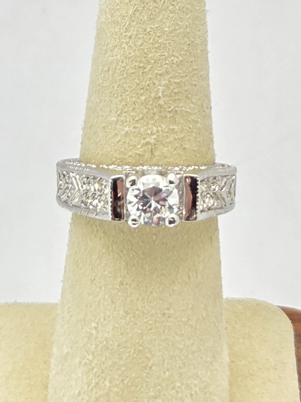Silver Tone Round CZ Engagement Ring Intricate Filigree Details Size 7